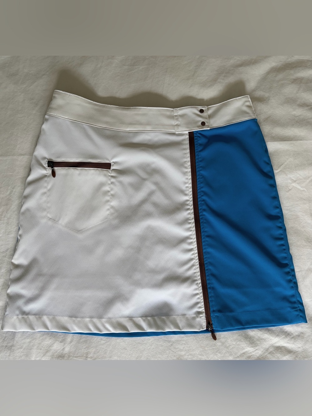 White and Blue Colorblock Women's Skort with Brown Zipper Detail